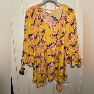 Bobbie Brooks Womens XL Yellow Golden Pink Floral Flared Sleeves Scoop Neck